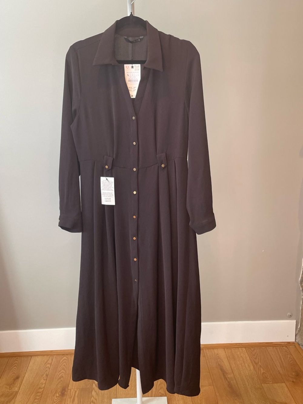 Zara Long Chocolate Brown Button-Front Shirt Dress - Large NWT